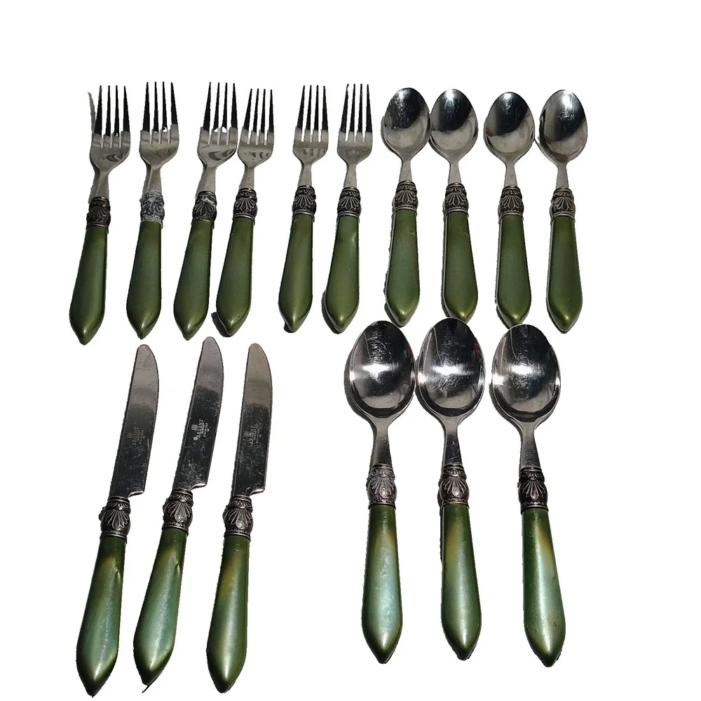 16 Argent Orfevres Green Spoon Fork Knife Sophia Pattern Stainless Steel 188 VTG